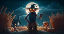 A Creepy Scarecrow, A Monster Against The Background Of The Night Sky And The Moon. Gloomy Illustrations For Halloween. Generative AI Technology.