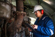 © reewungjunerr - Engine engineer inspecting large machines in factory,Railway engine maintenance technician,engine repair mechanical manager