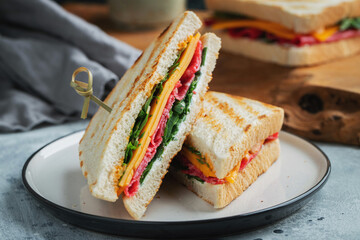 Two homemade sandwiches with sausage, cheese and arugula on a light concrete background