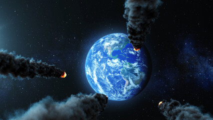 Wall Mural - 3d rendering,multiple asteroids heading planet earth, 2022, outer space view