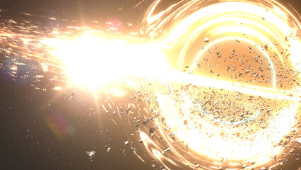 Wall Mural - 3d rendering, glowing black hole sucks stars and asteroids in deep space 3d rendering of large black