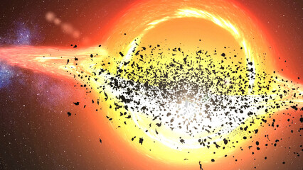 Wall Mural - 3d rendering, glowing black hole sucks stars and asteroids in deep space 3d rendering of large black