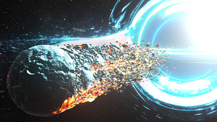 Wall Mural - 3d rendering, supermassive black hole pulling disintegrating planet in deep space. large black hole 