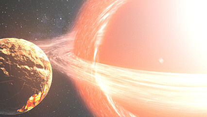 Wall Mural - 3d rendering, supermassive black hole pulling disintegrating planet in deep space. large black hole 
