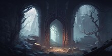 Misty Mountain Cave Gate Leading To Dark Perilous Woods, Shrouded In Mystery, Eerily Quiet, Cursed Dead Trees, Unexplored Fantasy Adventure - Generative AI.