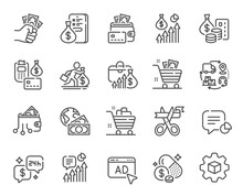 Money Invest Line Icons. Finance Fraud, Wallet Payment And Cash Bribe Set. Money Inflation, Supply Chain And Credit Card Line Icons. Grand Open Ceremony, Price Growth And Dollar Invest. Vector