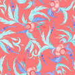 © Olga Shulgina - Abstract flowers and leaves in retro traditional folk style watercolor seamless pattern. Endless hand drawn background for wallpaper and fabric in turquoise and coral colors.