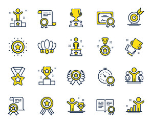 Poster - success line icons. winner cup, goal target, certificate. reward, medal with ribbon, crown icons. aw