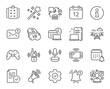© blankstock - Tech line icons. Game console, Joystick gamepad and Quiz report set. Microphone tech, Radio set and Report reminder icons. Annual calendar, supply chain and notice alert. Social media user. Vector