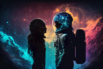 Wall Mural - Astronaut in space suit and woman standing together love knows no bounds. Couple silhouette on dark cosmic background. Cosmic love. AI generated vector illustration.