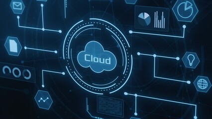 Sticker - futuristic graphic interface, concept of cloud computing, corporate business, financial operations, stock market, company management, on-line business (3d render)