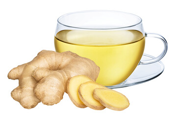 Wall Mural - Cup of ginger tea isolated on white or transparent background. Herbal hot drink with ginger root.