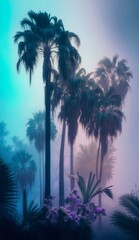 Wall Mural - Palm trees in neon light. Tropical summer landscape of exotic trees in the fog. Generative AI art.