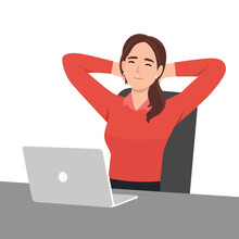 Happy Businesswoman Relax In Chair In Office Distracted From Computer Work. Smiling Female Employee Take Nap Daydream At Desk At Workplace. Vector Illustration.