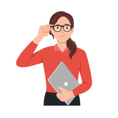 Portrait of a girl in glasses wearing casual outfit, holding a laptop, flat illustration of studying at home during lock down