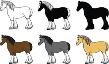 Clydesdale Horse Drawing Vector Clipart - Outline, Silhouette & Color