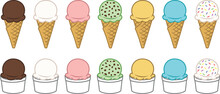 Ice Cream With Flavors In Cones & Cups Clipart