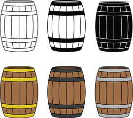 wood barrel clipart set - outline, silhouette & color