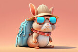 Fototapeta  - Backpacker bunny wearing brown hat and sunglasses on colorful background. Generative AI