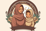 Fototapeta Konie - generative ai illustration of cute cartoon mother and daughter in traditional hijab