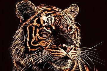 Wall Mural - Wallpaper Illustration and background of an abstract neon light tiger head, realistic illustration. Front view. Concept of power, strength and courage, wild world. Generative AI.