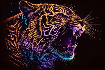 Wall Mural - Wallpaper Illustration and background of an abstract neon light tiger head, realistic illustration. Front view. Concept of power, strength and courage, wild world. Generative AI.