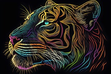 Wall Mural - Wallpaper Illustration and background of an abstract neon light tiger head, realistic illustration. Front view. Concept of power, strength and courage, wild world. Generative AI.