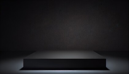 Pedestal of Platform display with black stand podium on dark room background. 3D rendering. Generative AI.