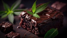 Homemade Chocolate Marijuana Brownies Garnished With Marijuana Leaves. Generative AI.