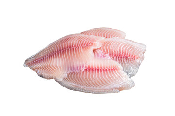 Wall Mural - Fresh tilapia white fish fillet in a wooden tray.  Isolated, transparent background