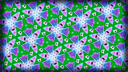 Poster - Bright kaleidoscopic pattern with geometric shapes. Motion. Lots of figures flashing in bright kaleidoscopic pattern. Flashing pattern with psychedelic colors and lots of pattern details