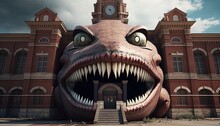 Monstrous School Building With Teeth, Eyes, Mouth, Arms, And Legs