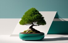 Bonsai Tree In A Light Green Pot, With A Light Green And White Wall Background