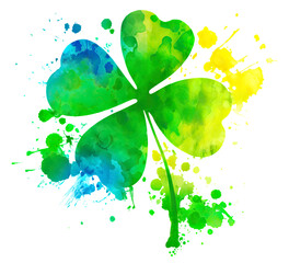 Wall Mural - Shamrock four-leaf lucky clover, symbol of Ireland, in colorful watercolor splash over white background, generative AI illustration