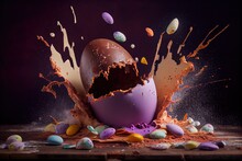 Exploding Purple Chocolate Easter Egg With Mini Easter Eggs Flying, Generative AI
