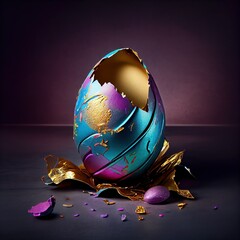 Wall Mural - Foil wrapped easter egg bright blue and purple, cracked open with gold inside, simple background, Generative AI