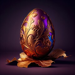 Wall Mural - Magenta and gold foil wrapped eater egg with simple background decorated with filigree, Generative AI