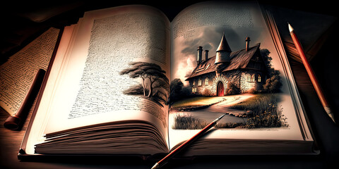 Wall Mural - a brightly-colored book with a school writing website background lies open on a desk, revealing hand