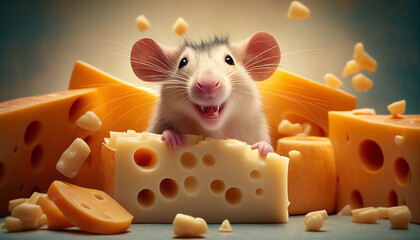 Wall Mural - Cheesy mouse eating cheese. Ai generated.