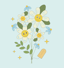 Wall Mural - groovy bouquet of flowers with characters on blue background. hippie cartoon daisy.