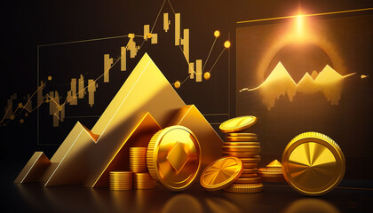 Wall Mural - A compelling abstract background featuring a dynamic stock chart and piles of gold coins - ai generated.