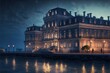 beautiful hotel on the background of the night beach in the style of classicism AI