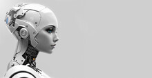 Robot Android With A Beautiful Female Appearance On A White Background. Copy Space. AI Generative.