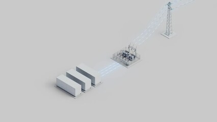 Wall Mural - Energy storage connected to the power grid. Electricity charges an stored in the batteries and is sent back to the grid. Isometric view. Looping video.