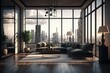Luxury penthouse living room interior with large glass windows overlooking city buildings, Generative AI