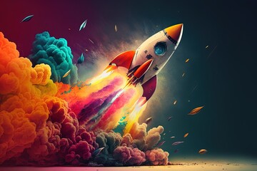 Rocket taking off and releasing abstract colorful smoke, Generative AI