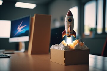 Rocket coming out of cardboard box on office desk, Generative AI