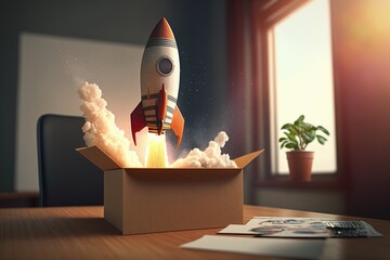 Rocket coming out of cardboard box on office desk, Generative AI