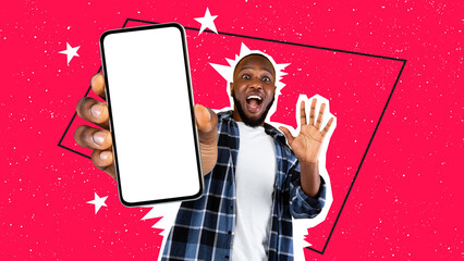 Poster - Emotional black guy showing cell phone and gesturing, mockup