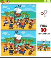 Sticker - differences game with cartoon pirates on treasure island